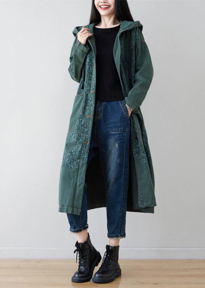 Französischer Grüner Denim-kapuzenmantel Mit Patchwork-druck Frühling - Damen-Wintermäntel