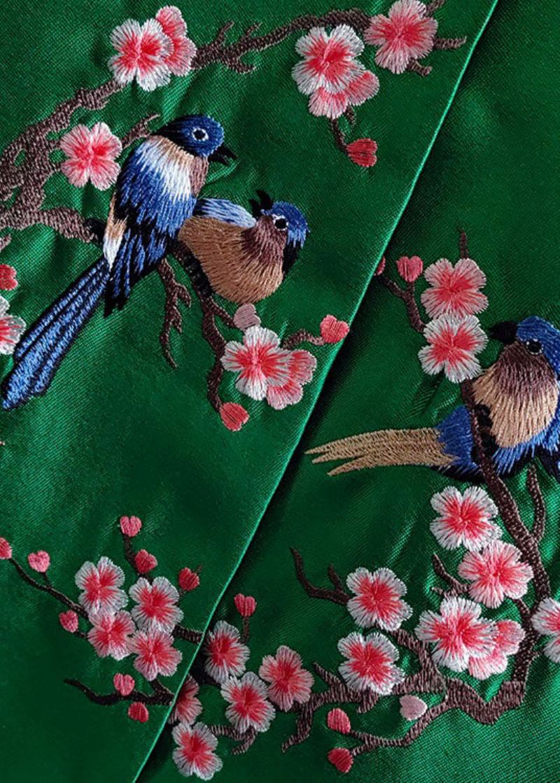 Französischer Grüner Patchwork-seidenmantel Mit Vogelstickerei Frühling - Damen-Wintermäntel