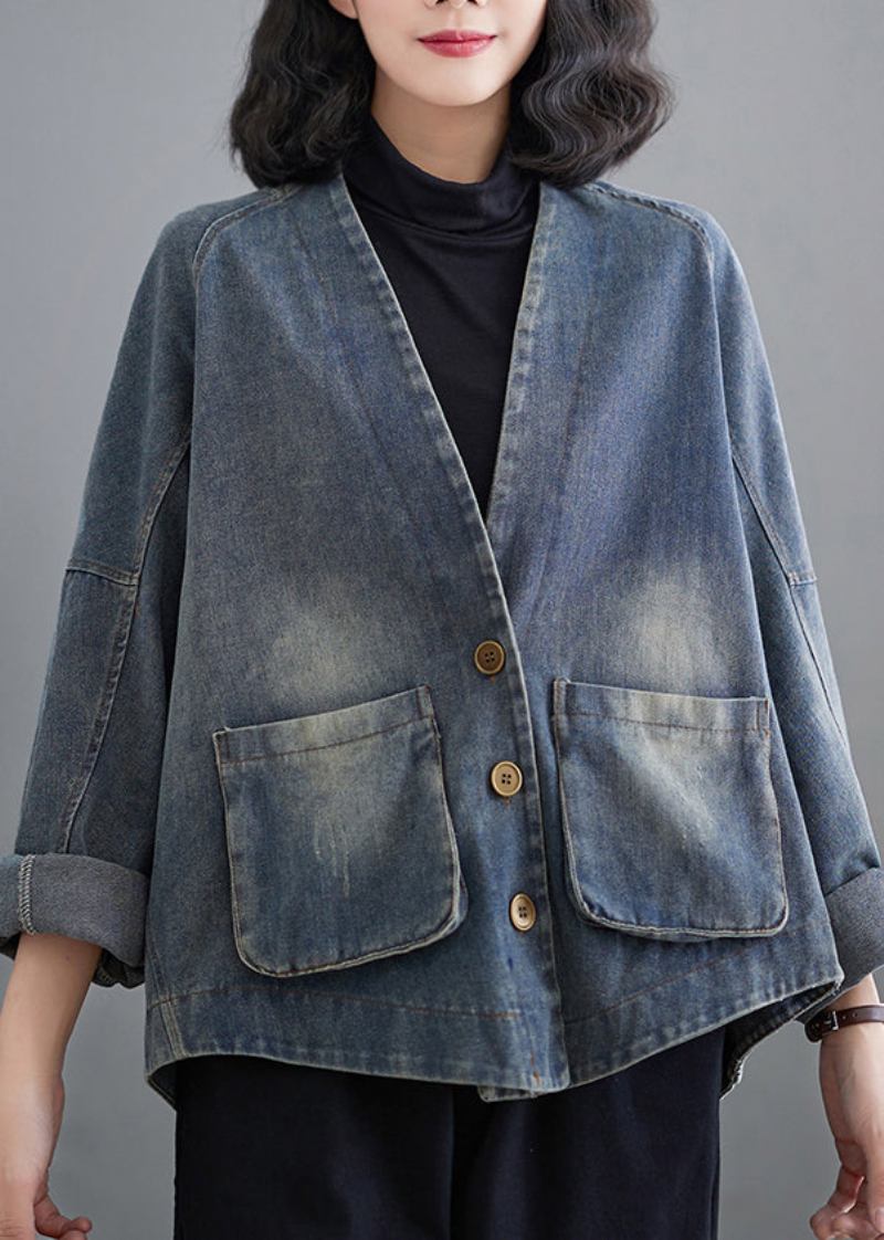 Französischer Patchwork-mantel Aus Blauem Denim Mit V-ausschnitt Und Taschen Frühling - Damen-Wintermäntel