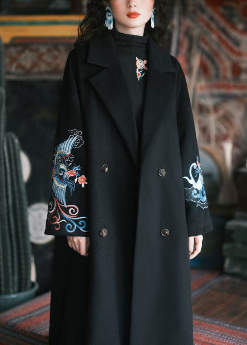 Französischer Schwarzer Wolltrenchcoat Mit Stickereien Und Taschen Winter