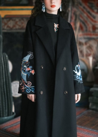 Französischer Schwarzer Wolltrenchcoat Mit Stickereien Und Taschen Winter