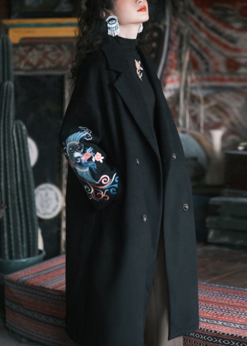 Französischer Schwarzer Wolltrenchcoat Mit Stickereien Und Taschen Winter - Damen-Wintermäntel