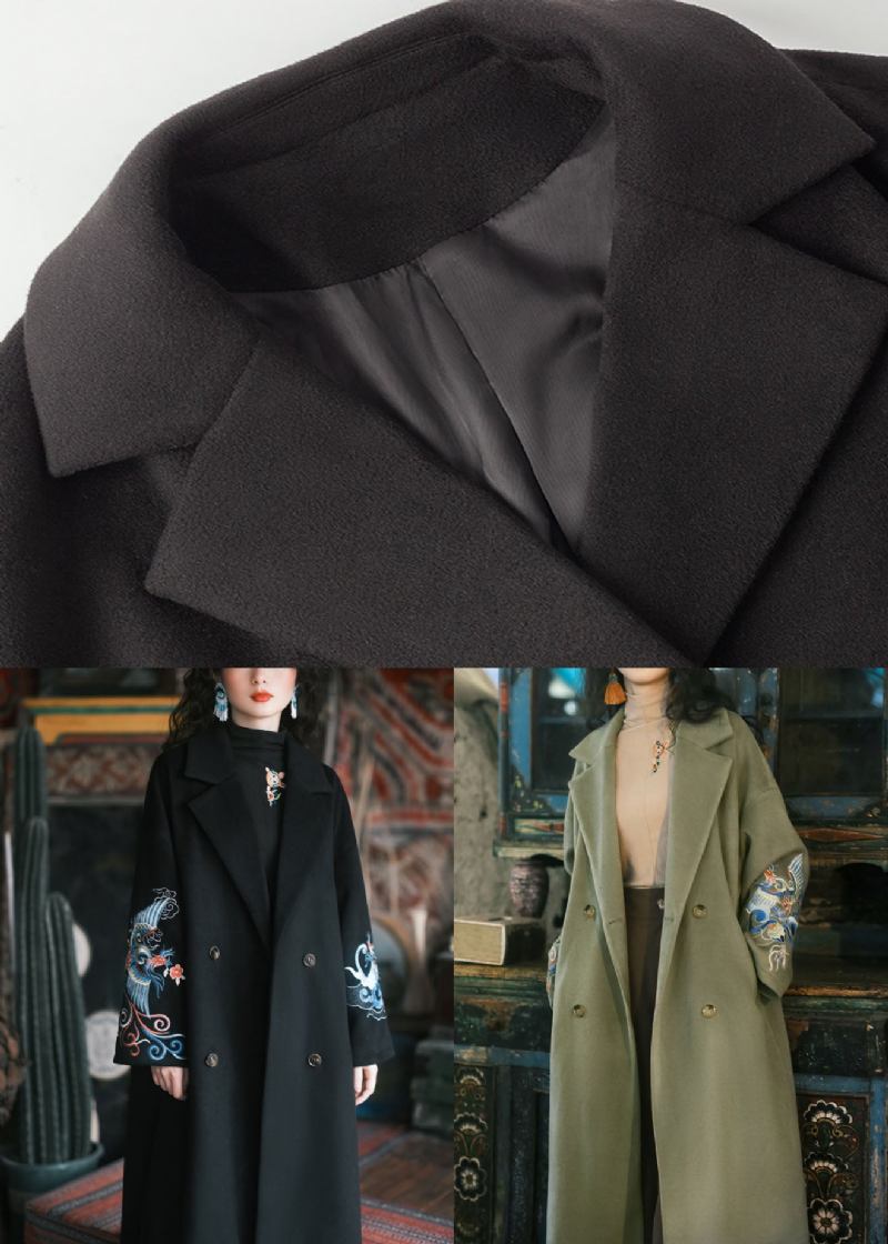 Französischer Schwarzer Wolltrenchcoat Mit Stickereien Und Taschen Winter - Damen-Wintermäntel