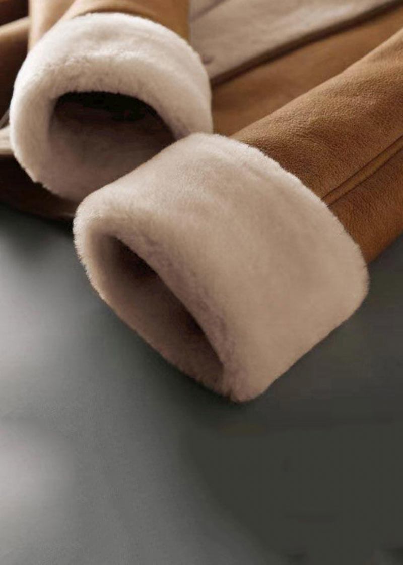 Französischer Warmer Fleece-mantel Aus Kunstwildleder Mit Kamel-pelzkragen Und Taschen Für Den Winter - Damen-Wintermäntel