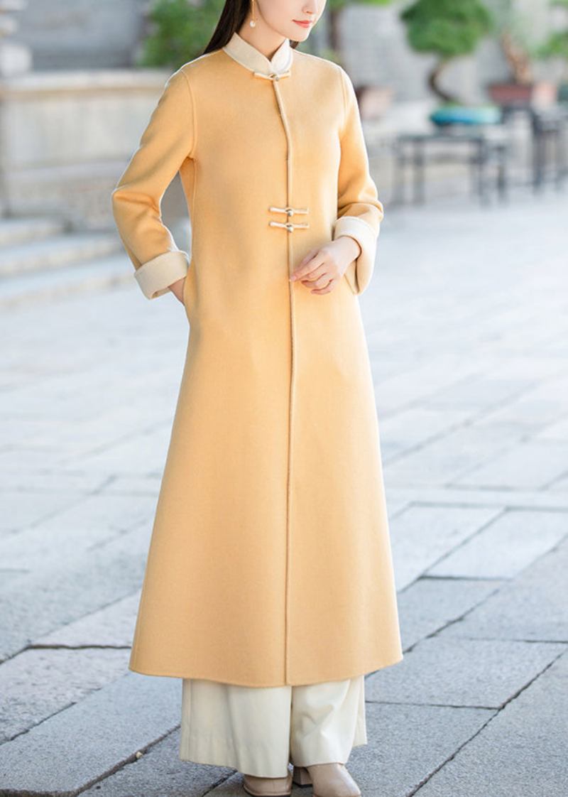 Gelber Wolltrenchcoat Im Chinesischen Stil Mit Stehkragen Und Taschen Für Den Winter - Damen-Wintermäntel