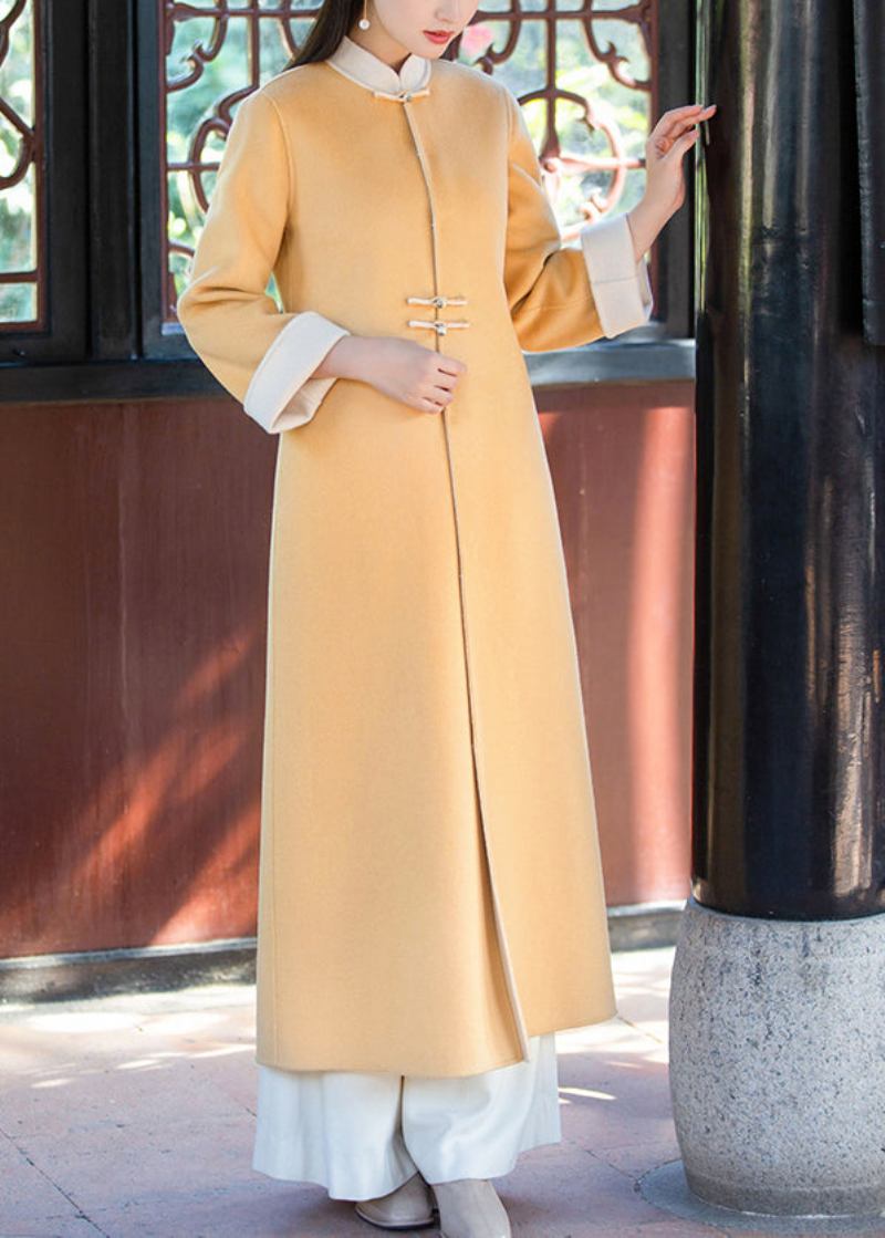 Gelber Wolltrenchcoat Im Chinesischen Stil Mit Stehkragen Und Taschen Für Den Winter - Damen-Wintermäntel