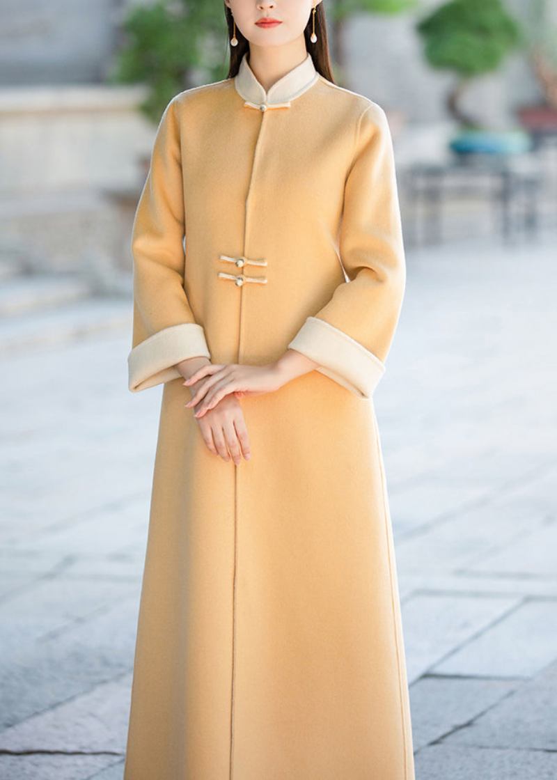 Gelber Wolltrenchcoat Im Chinesischen Stil Mit Stehkragen Und Taschen Für Den Winter - Damen-Wintermäntel