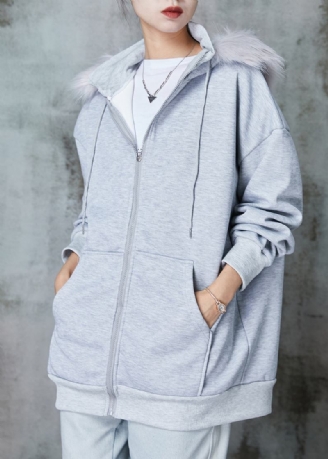 Graue Warme Fleece-sweatjacken Mit Kapuze Und Taschen Für Damen Frühling