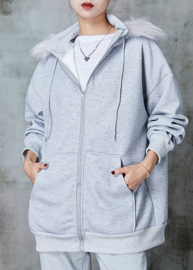 Graue Warme Fleece-sweatjacken Mit Kapuze Und Taschen Für Damen Frühling - Damen-Wintermäntel