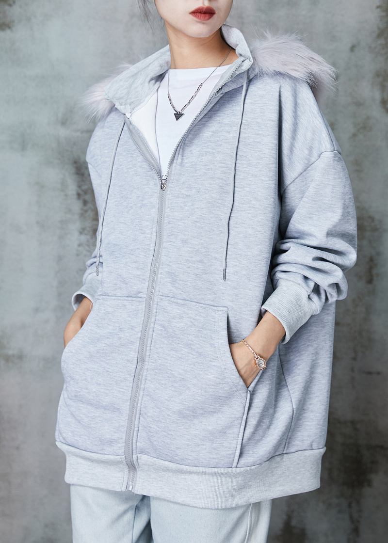 Graue Warme Fleece-sweatjacken Mit Kapuze Und Taschen Für Damen Frühling - Damen-Wintermäntel