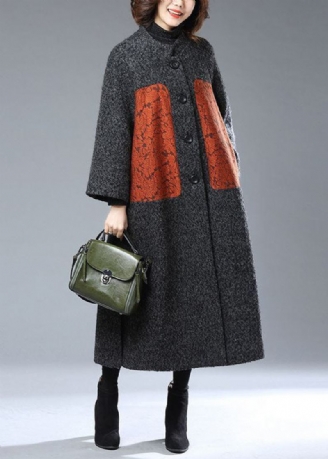 Grauer Bedruckter Woll-trenchcoat Mit Knopfleiste Seitlich Offen Winter