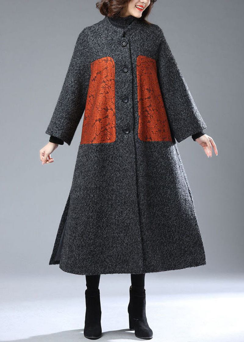 Grauer Bedruckter Woll-trenchcoat Mit Knopfleiste Seitlich Offen Winter - Grau