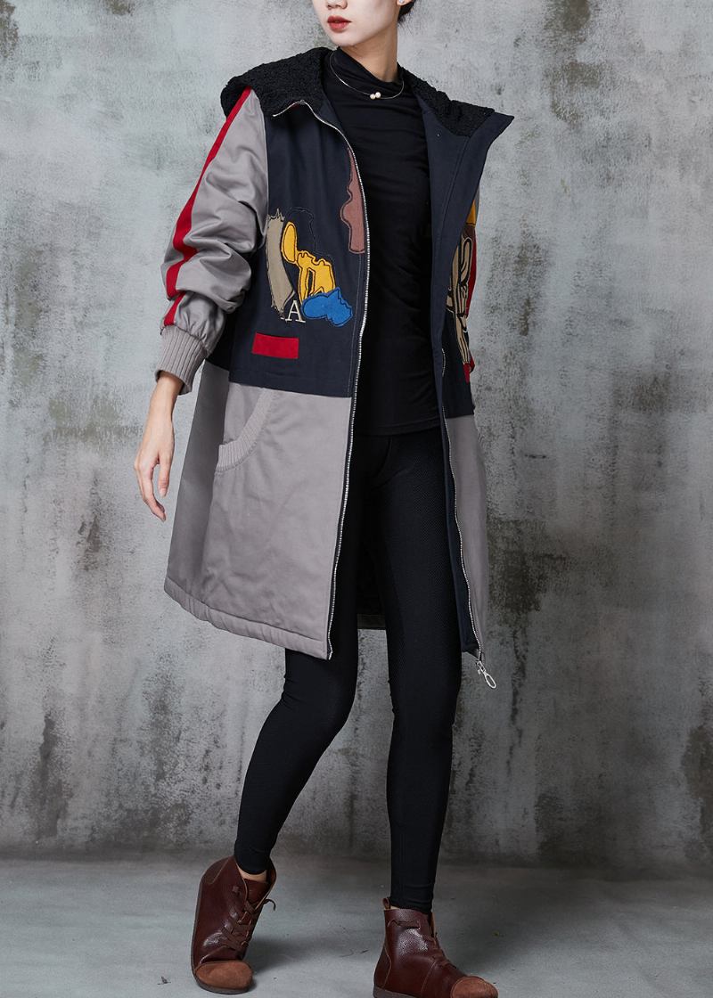 Grauer Patchwork-trenchcoat Aus Feiner Baumwolle Mit Kapuze Und Druck Für Den Winter - Damen-Wintermäntel