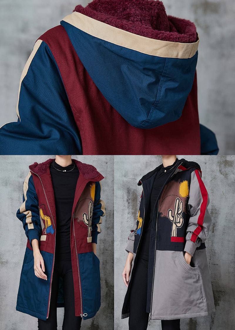 Grauer Patchwork-trenchcoat Aus Feiner Baumwolle Mit Kapuze Und Druck Für Den Winter - Damen-Wintermäntel