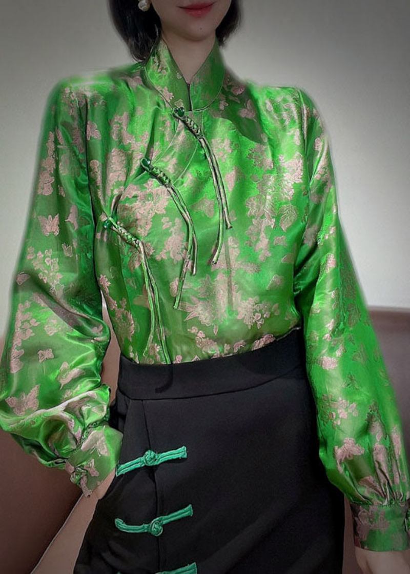 Grüne Jacquard-seidenmäntel Mit Stehkragen Im Chinesischen Stil Für Den Frühling - Damen-Wintermäntel