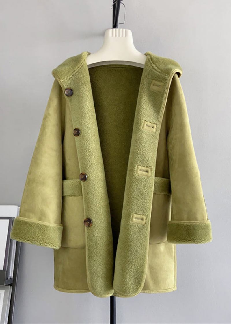 Grüne Wolljacke Mit Taschen Und Kapuze Beidseitig Tragbar Für Den Winter