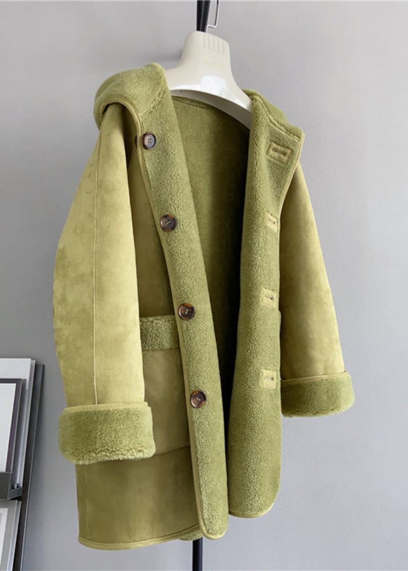 Grüne Wolljacke Mit Taschen Und Kapuze Beidseitig Tragbar Für Den Winter - Damen-Wintermäntel