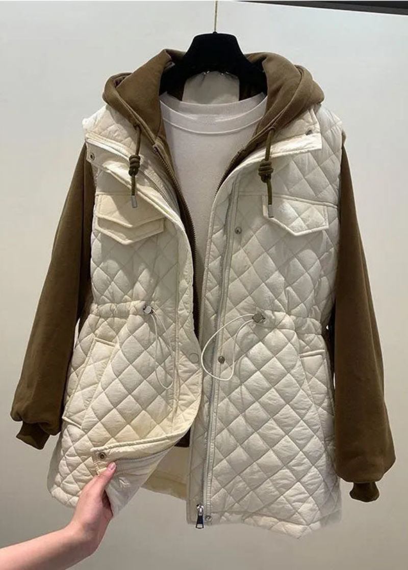 Handgefertigte Beige Patchwork-wintermäntel Mit Reißverschluss Und Kordelzug Für Den Herbst Mit Kapuze