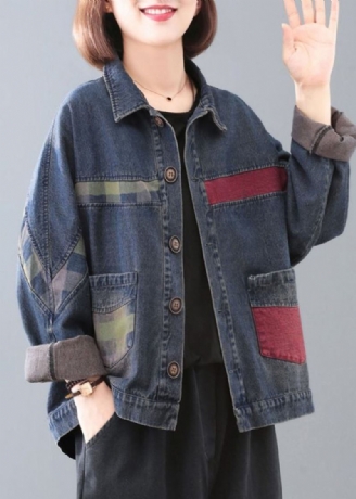 Handgefertigte Blaue Jeansjacke Mit Peter-pan-kragen Und Taschen Patchwork-mäntel Mit Knopfleiste Langarm