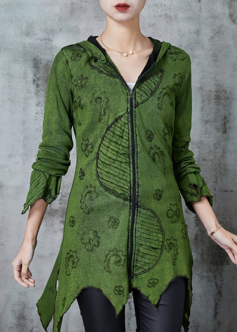 Handgefertigte Grüne Baumwolljacke Mit Reißverschluss Und Kapuze Frühling - Damen-Wintermäntel