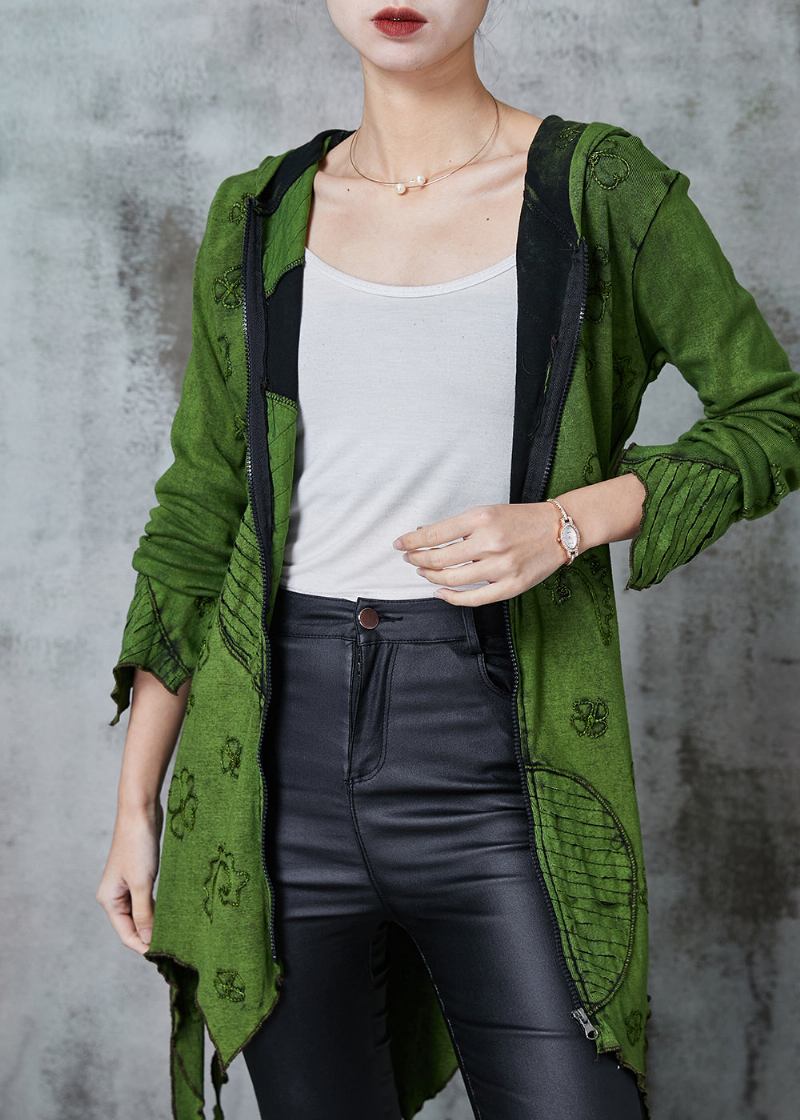 Handgefertigte Grüne Baumwolljacke Mit Reißverschluss Und Kapuze Frühling - Damen-Wintermäntel