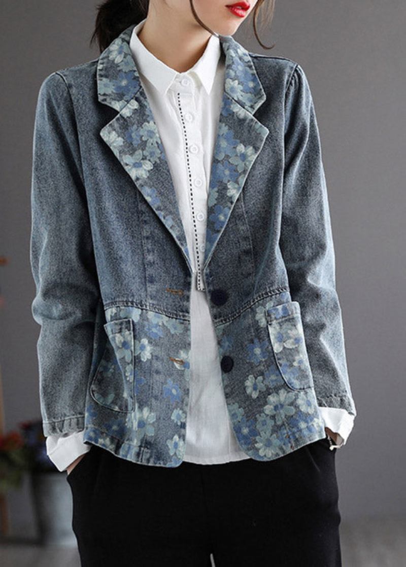 Handgefertigter Blauer Denim-mantel Mit Knopfleiste Und Gekerbtem Print Mantel Frühling - Blau