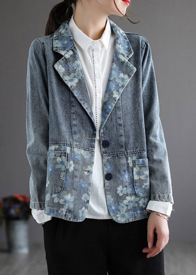 Handgefertigter Blauer Denim-mantel Mit Knopfleiste Und Gekerbtem Print Mantel Frühling - Blau