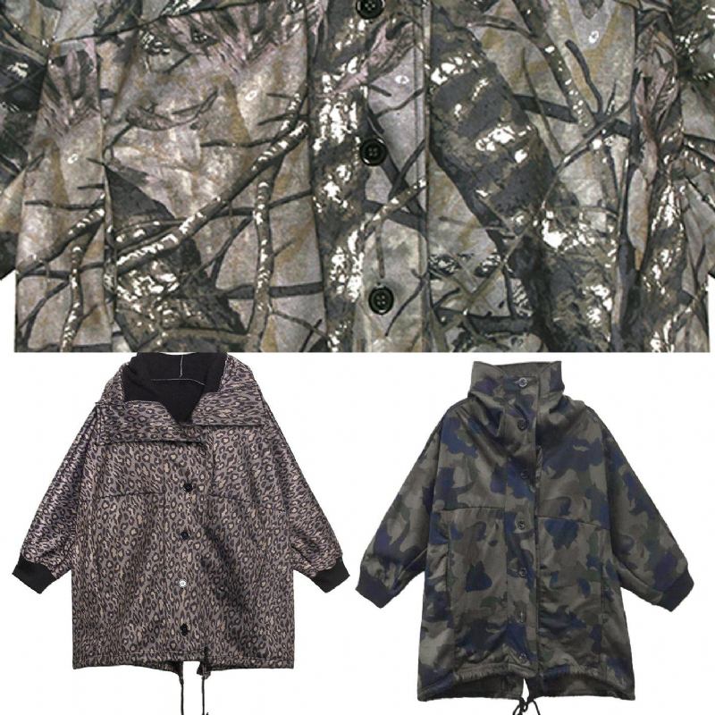 Handgefertigter Feiner Mantel Mit Knopftaschen Für Damen Camouflage-silhouette-mantel - grau