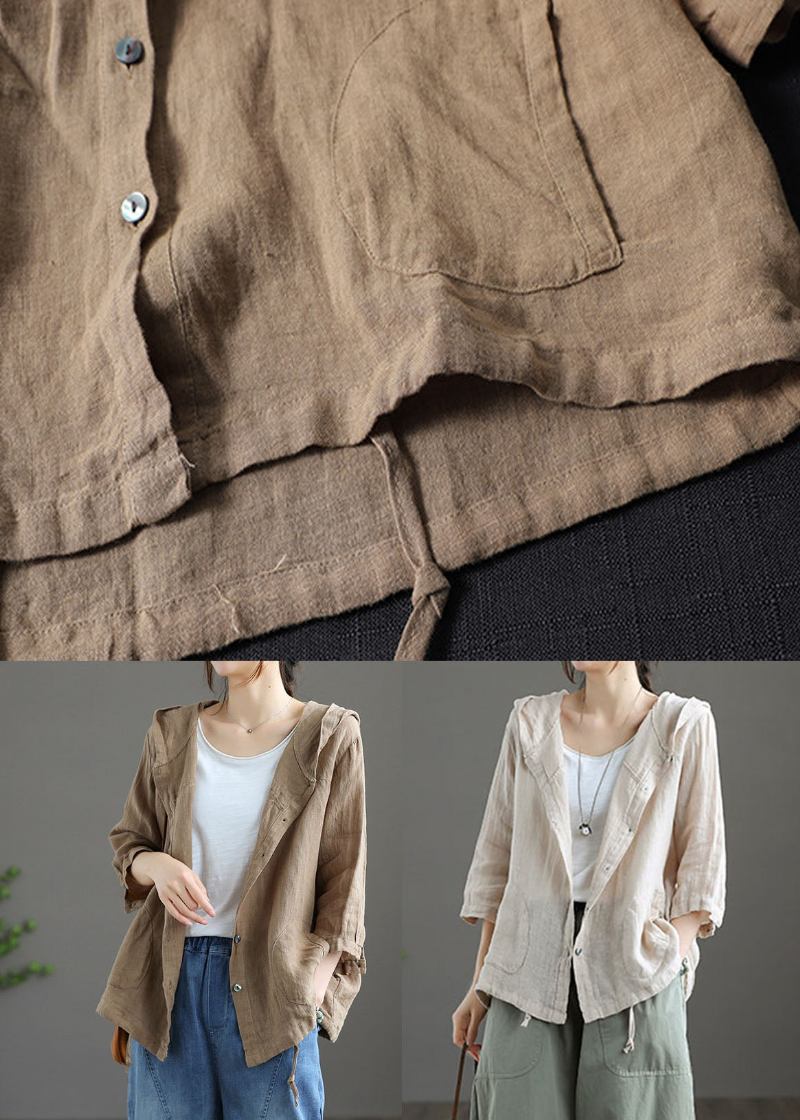 Handgemachter Dunkelkhaki Patchwork Leinen Dünner Kapuzenmantel Mit Taschen Sommer - Damen-Wintermäntel