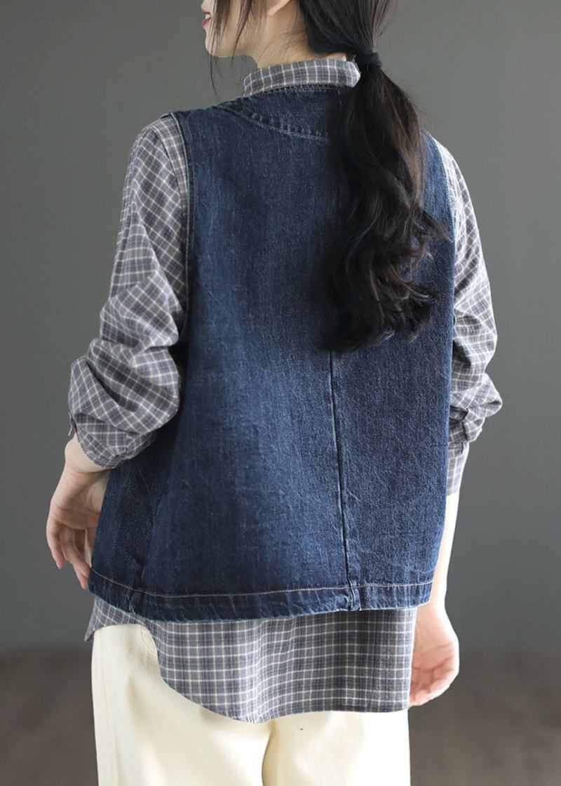 Hellblaue Langärmlige Patchwork-jeansjacke Mit Rundhalsausschnitt Und Knöpfen Für Den Herbst - Dunkelblau