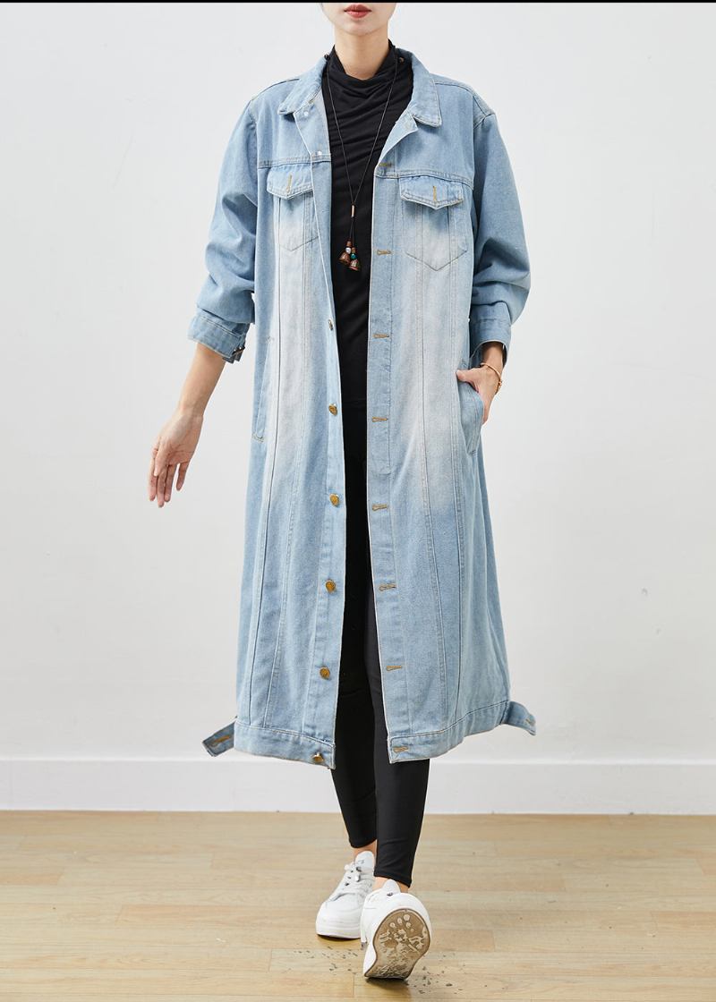 Hellblauer Denim-trenchcoat Mit Knopfleiste Für Den Frühling - Damen-Wintermäntel