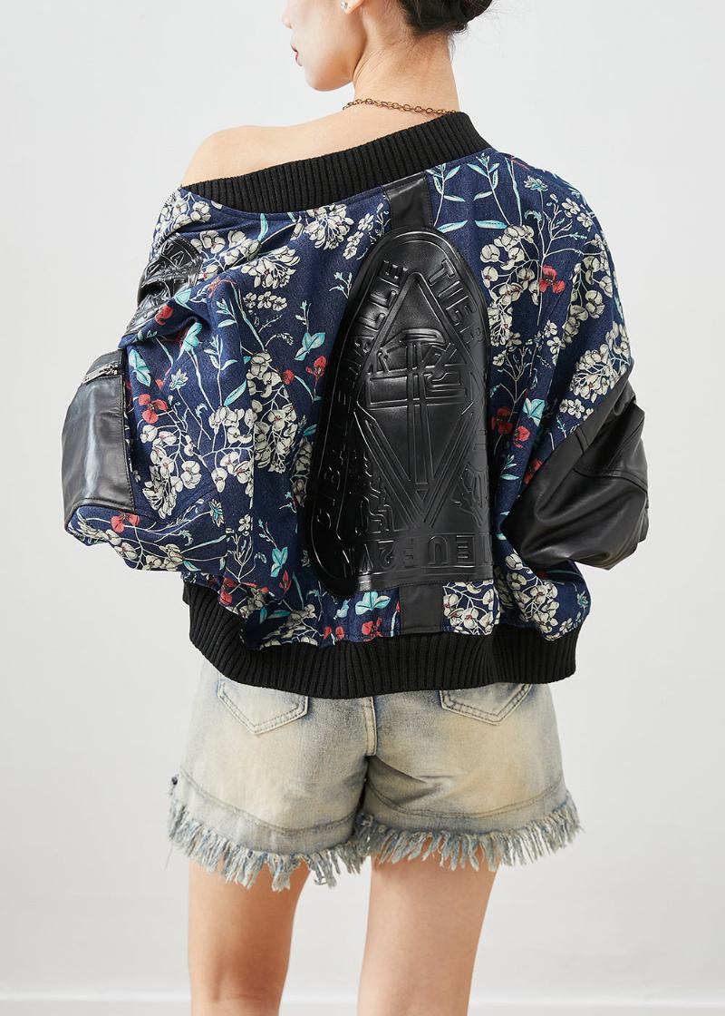 Italienische Jeansjacke Aus Kunstleder Mit Patchwork-baumwolle Im Marine-print Herbst