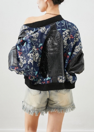 Italienische Jeansjacke Aus Kunstleder Mit Patchwork-baumwolle Im Marine-print Herbst