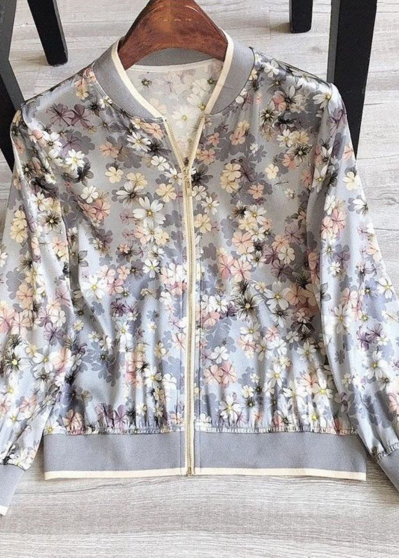 Italienische Seidenjacke Mit Stehkragen Und Druck Im Patchwork-stil Frühling