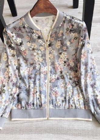 Italienische Seidenjacke Mit Stehkragen Und Druck Im Patchwork-stil Frühling