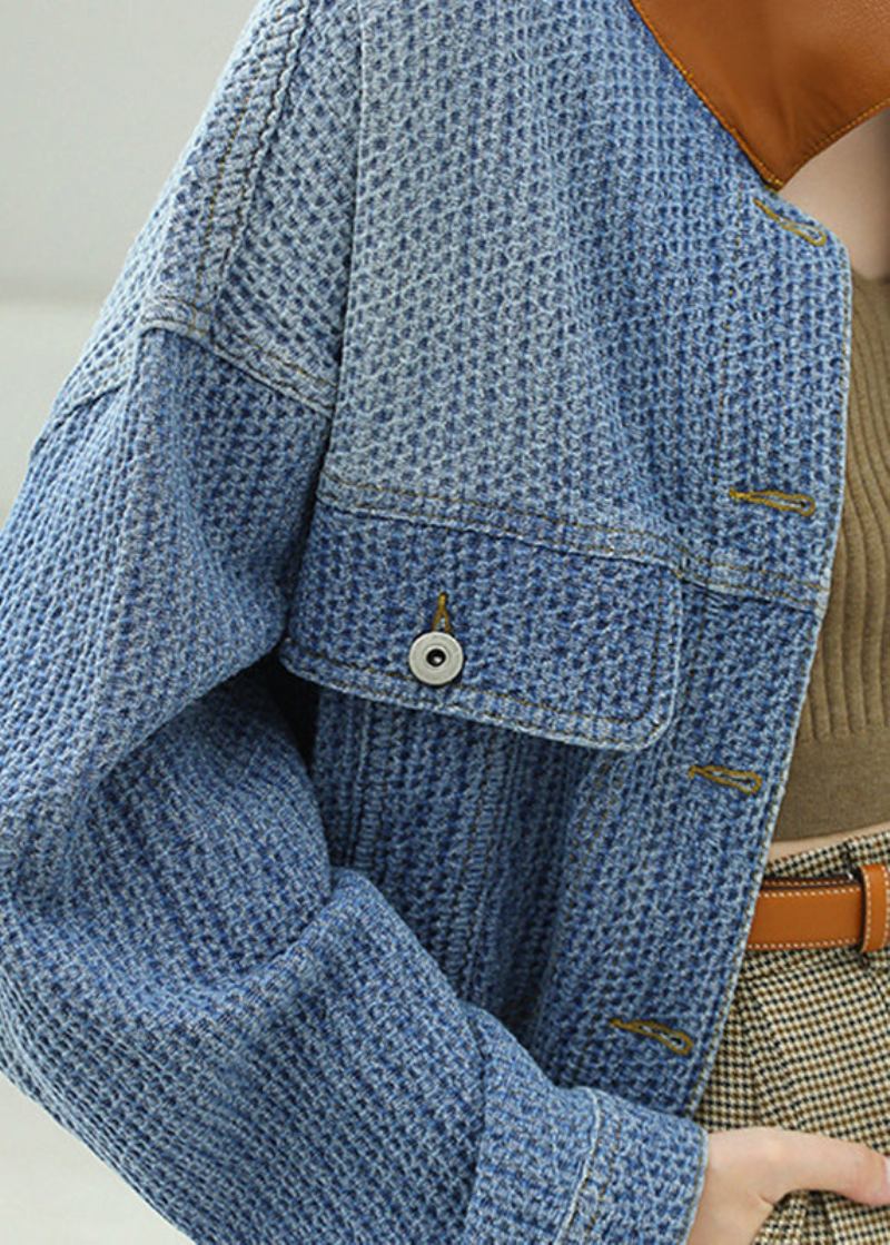 Jacquard-blauer Peter-pan-kragen Knopftaschen Jeansmantel Lange Ärmel - Damen-Wintermäntel