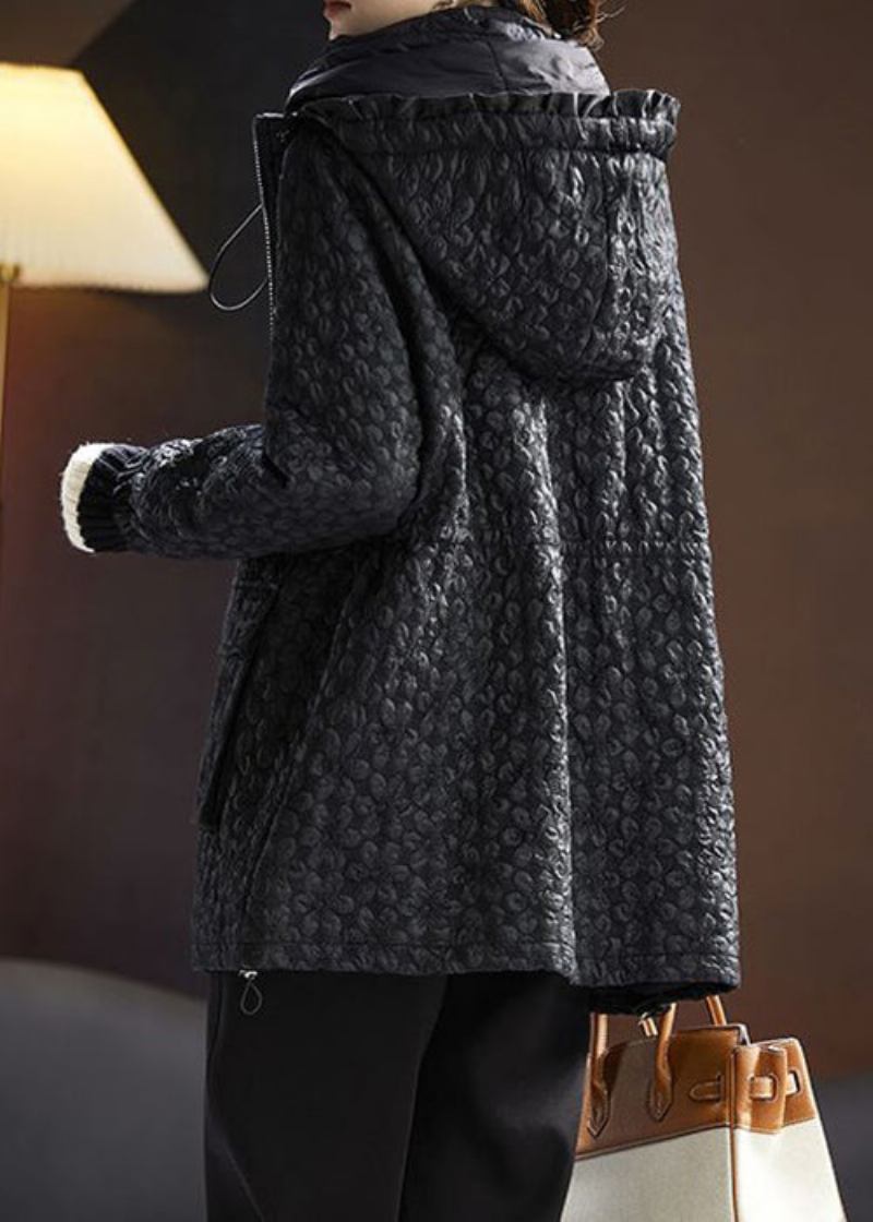 Jacquard-mäntel Mit Kapuze Und Taschen In Schwarz Mit Kordelzug Baumwolle Frühling - Damen-Wintermäntel