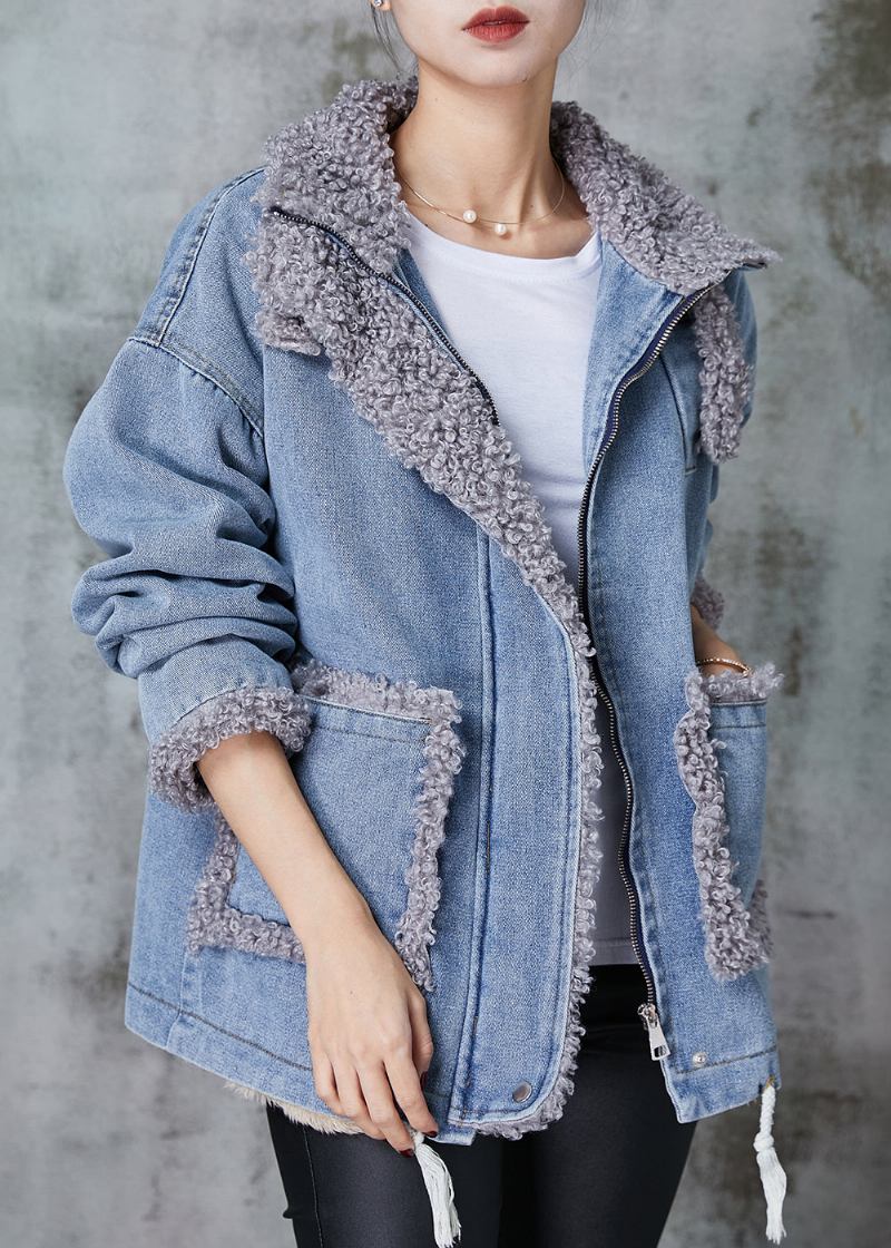 Jeansblauer Patchwork-mantel Mit Fleece-wolle Gefüttert Übergroß Winter - Damen-Wintermäntel