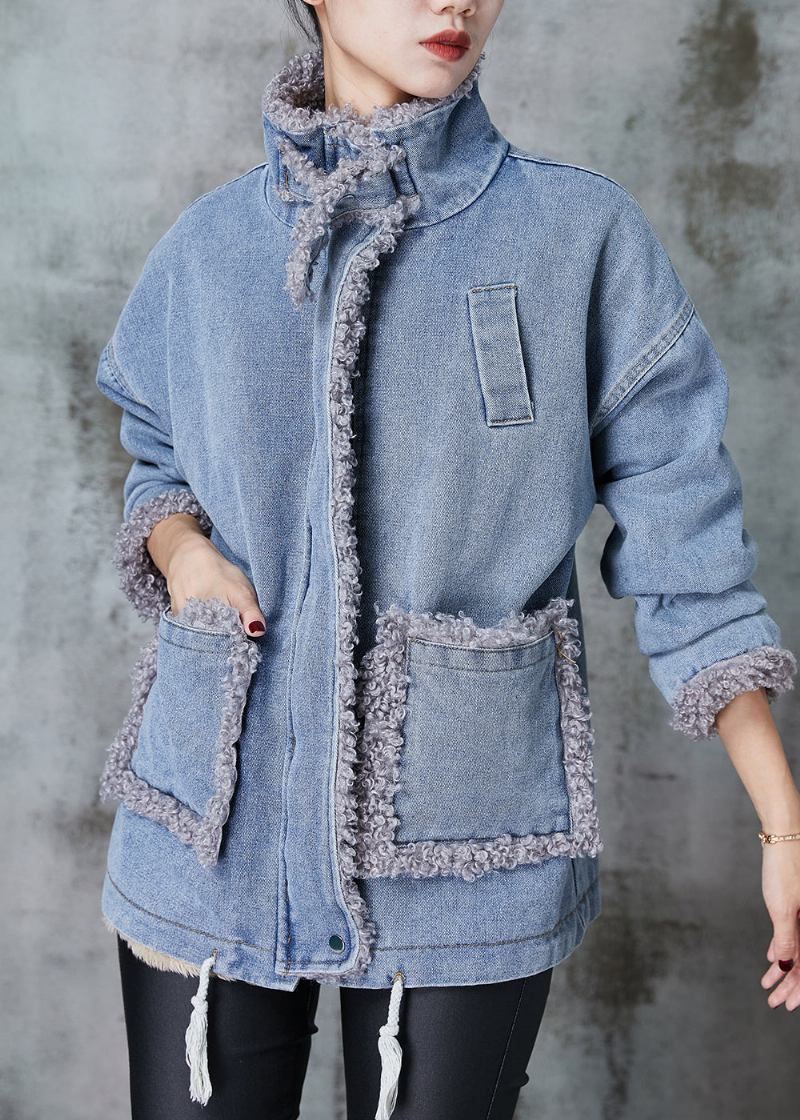 Jeansblauer Patchwork-mantel Mit Fleece-wolle Gefüttert Übergroß Winter - Damen-Wintermäntel