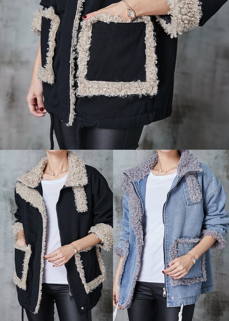 Jeansblauer Patchwork-mantel Mit Fleece-wolle Gefüttert Übergroß Winter - Damen-Wintermäntel