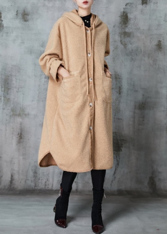 Khakifarbener Trenchcoat Aus Kunstpelz Mit Kapuze Und Patchwork-taschen Winter