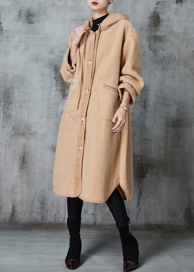 Khakifarbener Trenchcoat Aus Kunstpelz Mit Kapuze Und Patchwork-taschen Winter - Damen-Wintermäntel