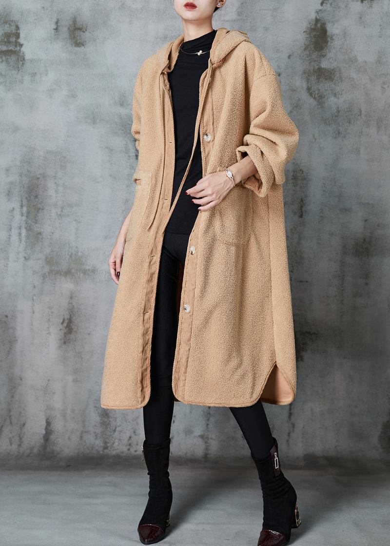 Khakifarbener Trenchcoat Aus Kunstpelz Mit Kapuze Und Patchwork-taschen Winter - Damen-Wintermäntel