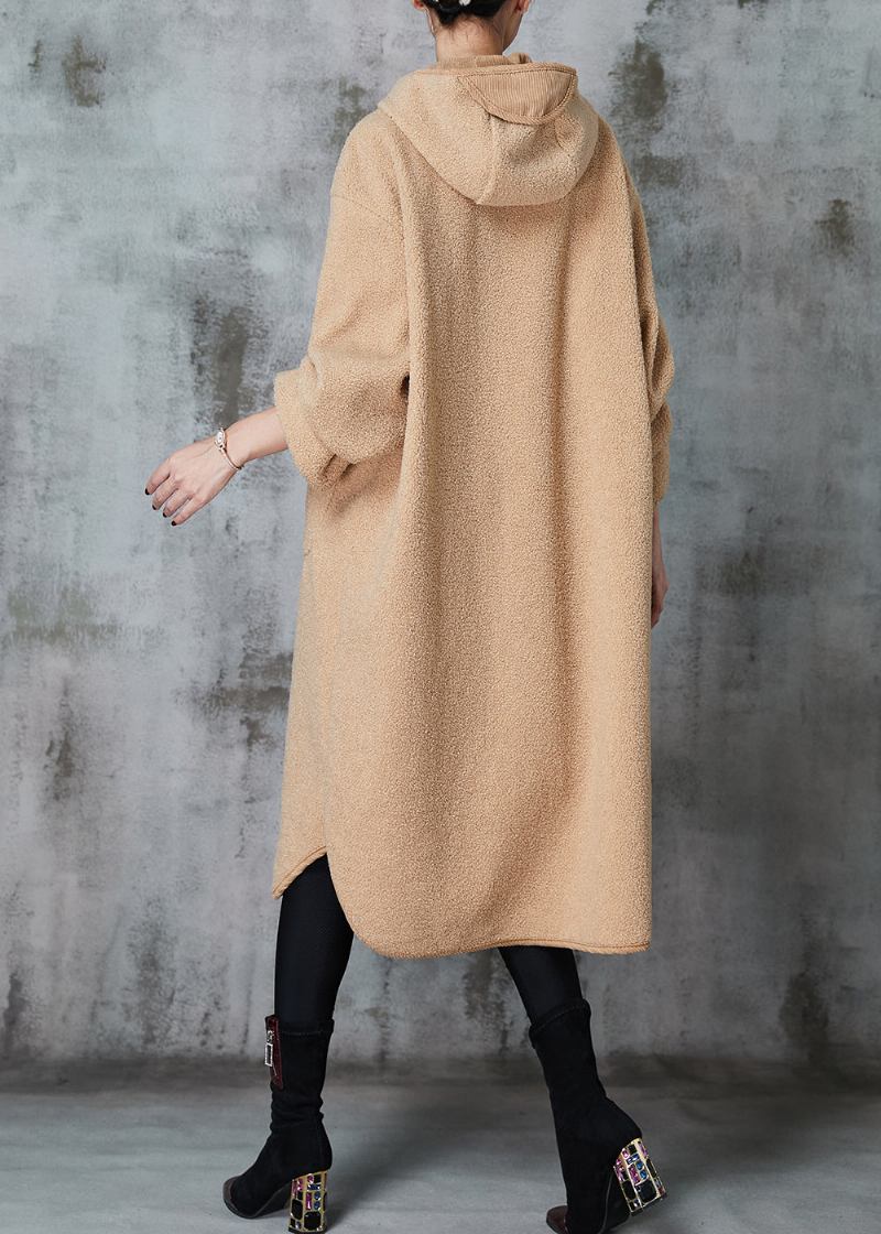 Khakifarbener Trenchcoat Aus Kunstpelz Mit Kapuze Und Patchwork-taschen Winter - Damen-Wintermäntel