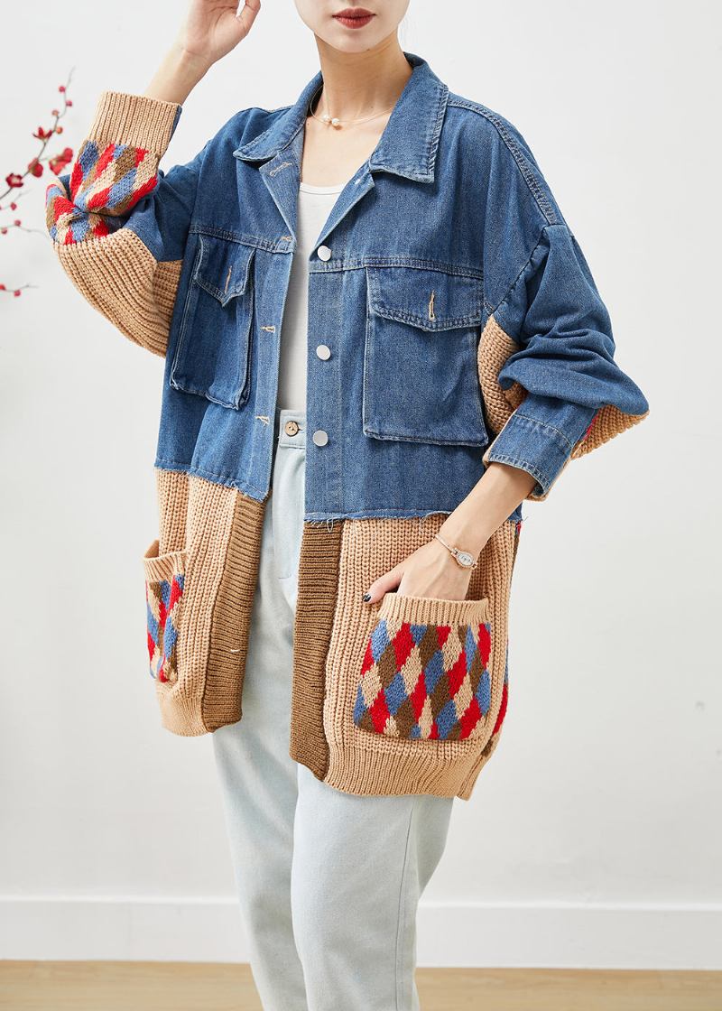 Kunstblaue Übergroße Jeansjacke Mit Patchwork-taschen Für Den Herbst