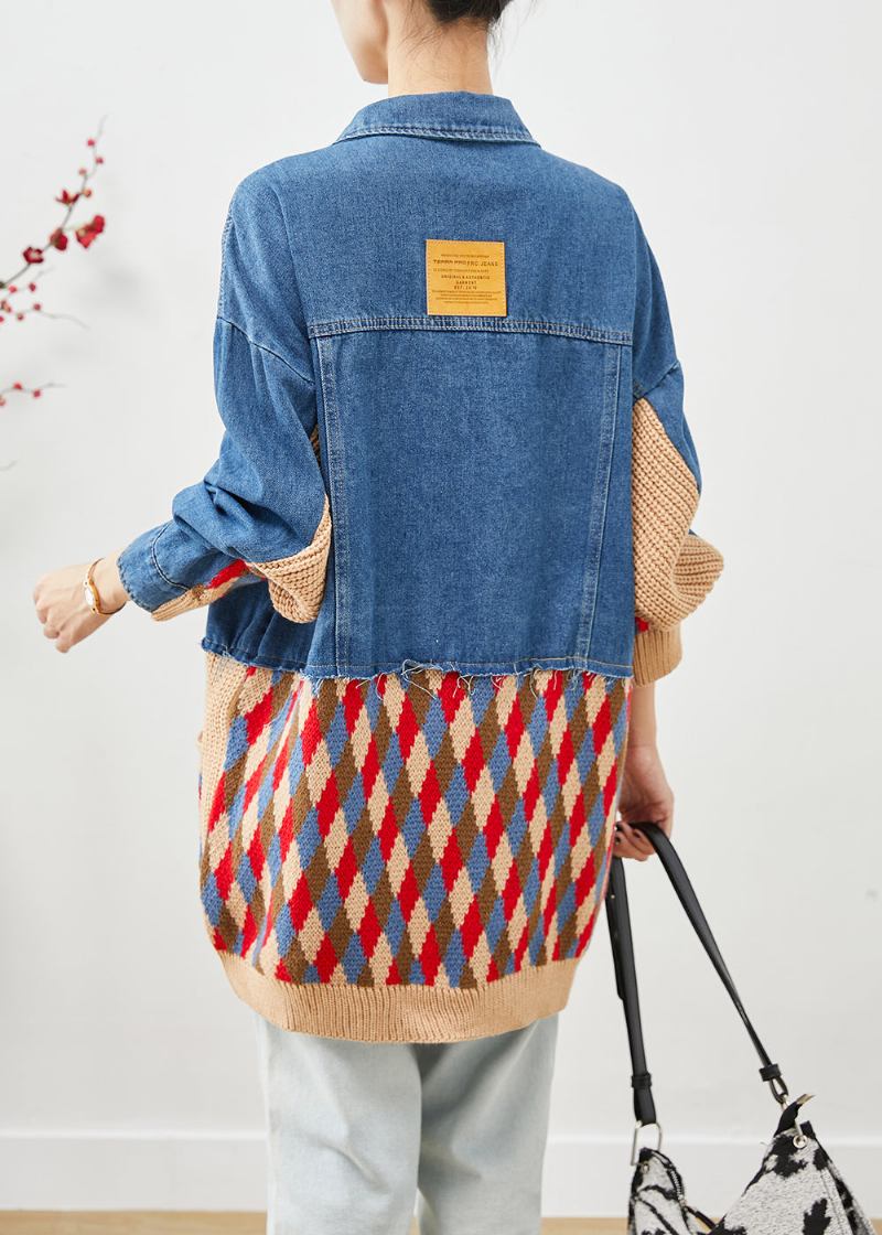 Kunstblaue Übergroße Jeansjacke Mit Patchwork-taschen Für Den Herbst - Damen-Wintermäntel