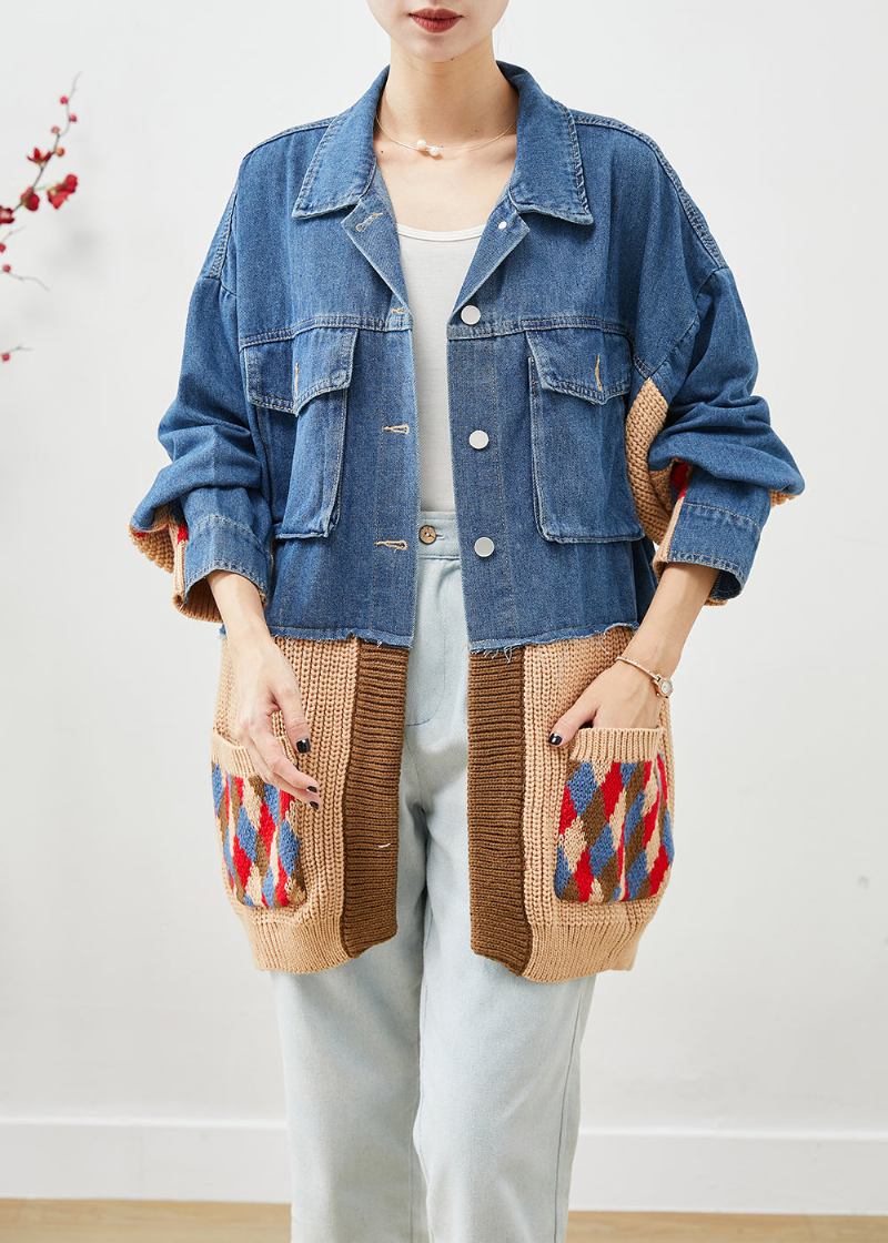 Kunstblaue Übergroße Jeansjacke Mit Patchwork-taschen Für Den Herbst - Damen-Wintermäntel