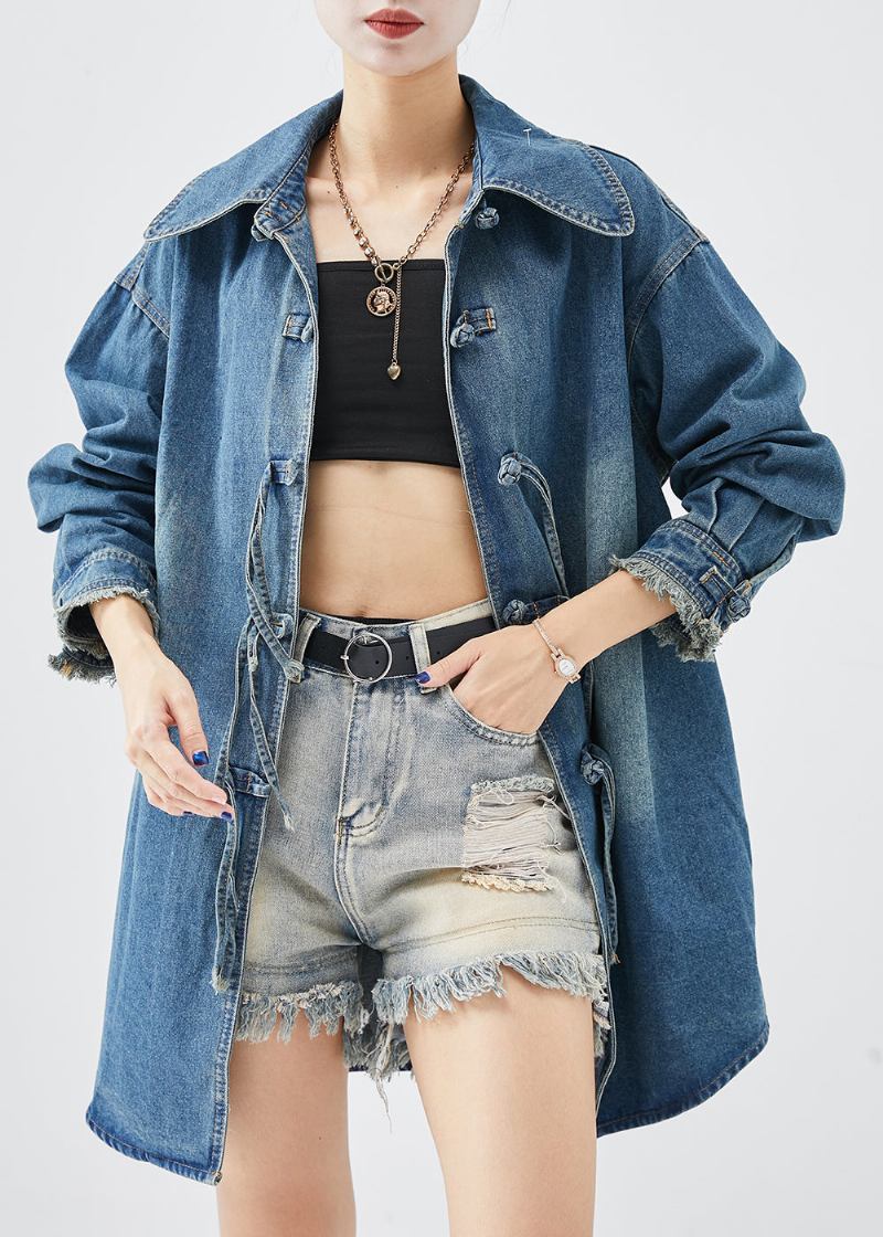 Kunstvolle Blaue Denim-mäntel Mit Quasten Und Chinesischen Knöpfen Herbst - Damen-Wintermäntel