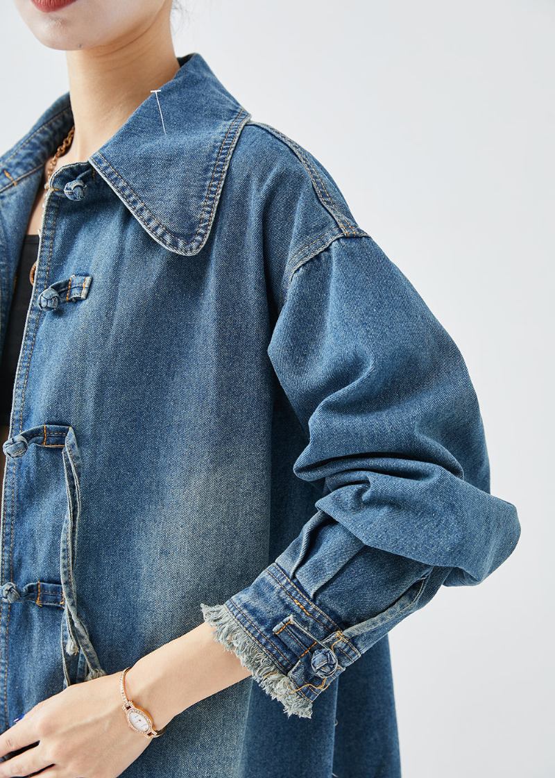 Kunstvolle Blaue Denim-mäntel Mit Quasten Und Chinesischen Knöpfen Herbst - Damen-Wintermäntel