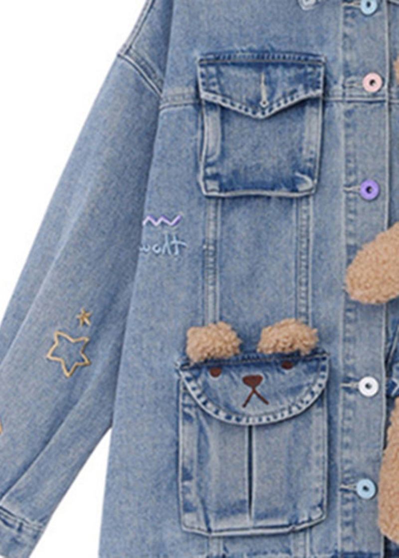 Kunstvolle Blaue Denim-peter-pan-kragen-patchwork-mäntel Mit Kleinen Bären-knopf Für Den Herbst - Damen-Wintermäntel